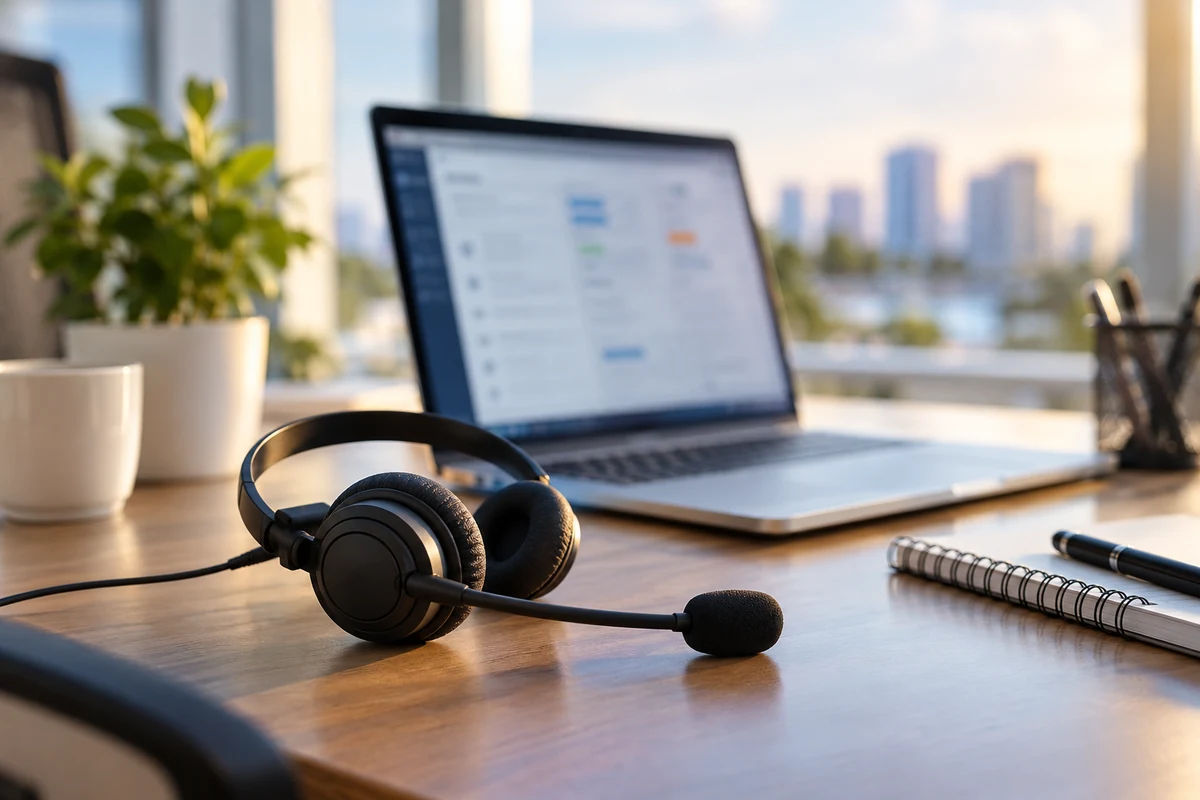 Headset and laptop on a desk at a call center