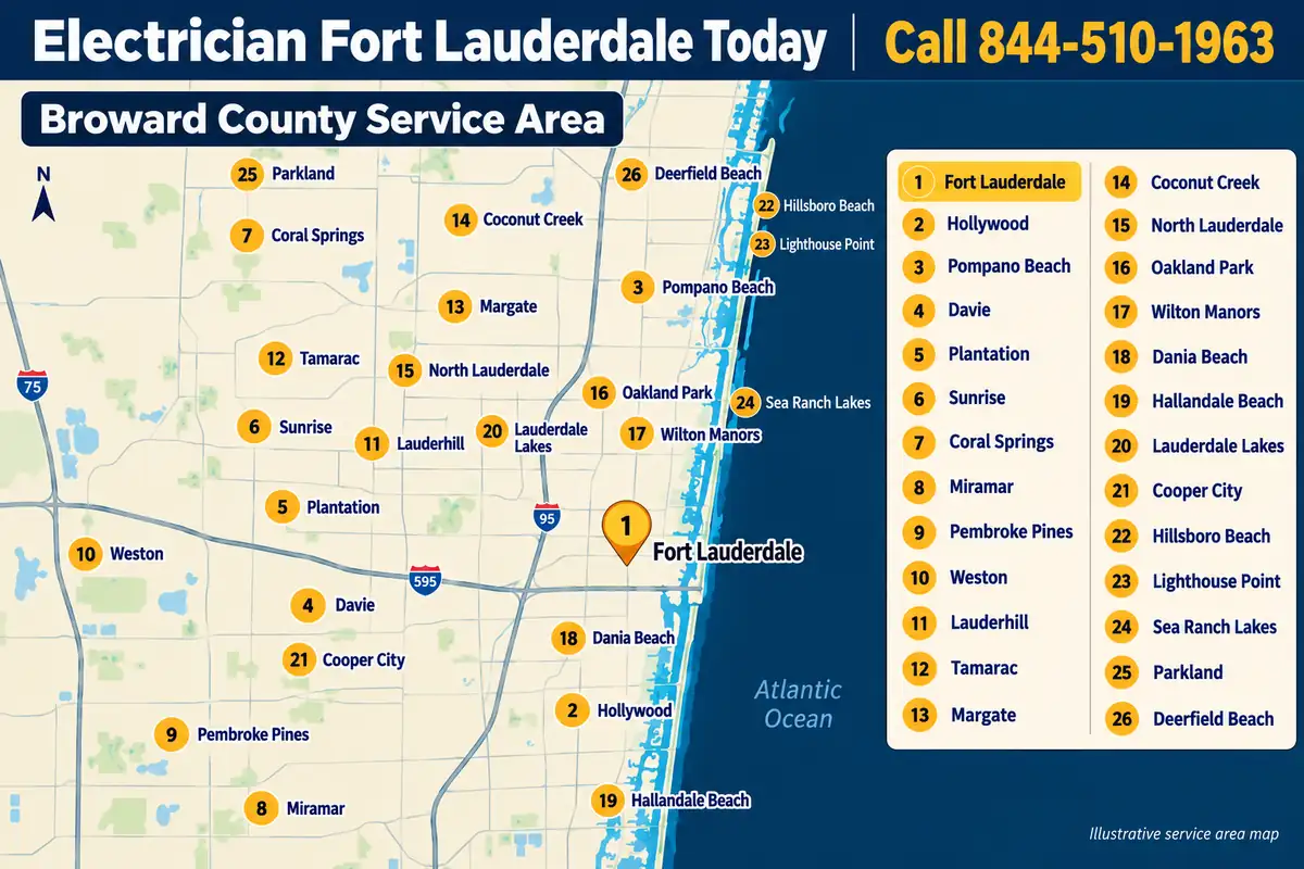Map of Broward County with the 26 cities served marked