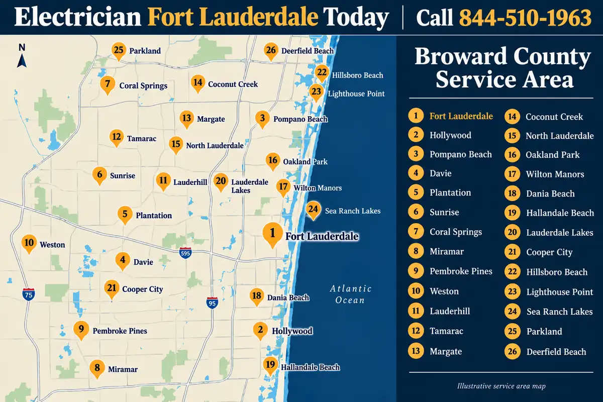 Map of the 26 Broward County cities where electricians are connected through the free call service