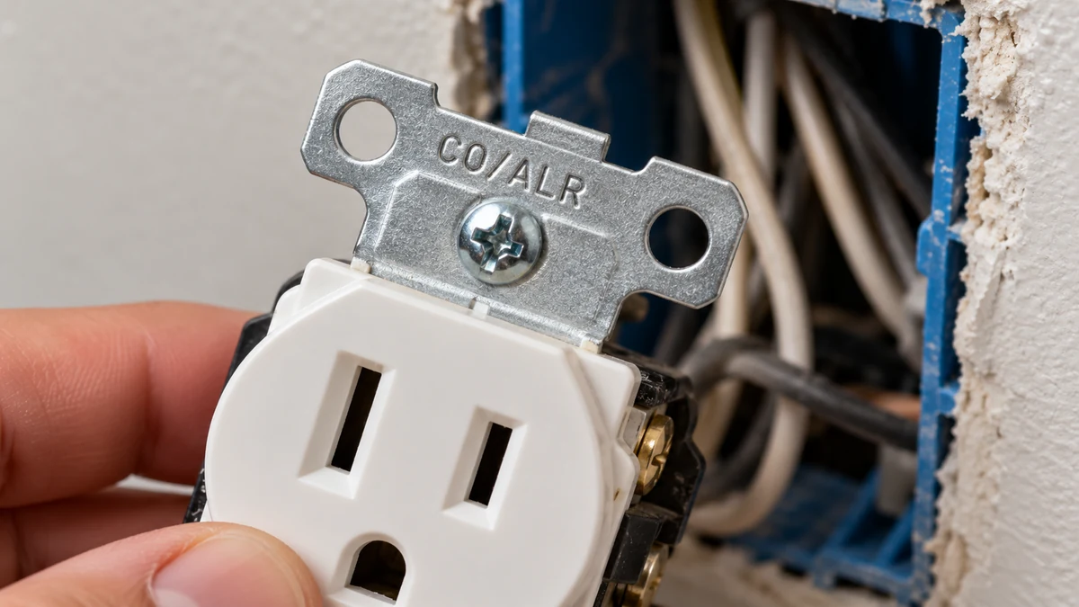 Close-up of a receptacle mounting strap stamped CO/ALR, the marking for devices rated for aluminum wiring