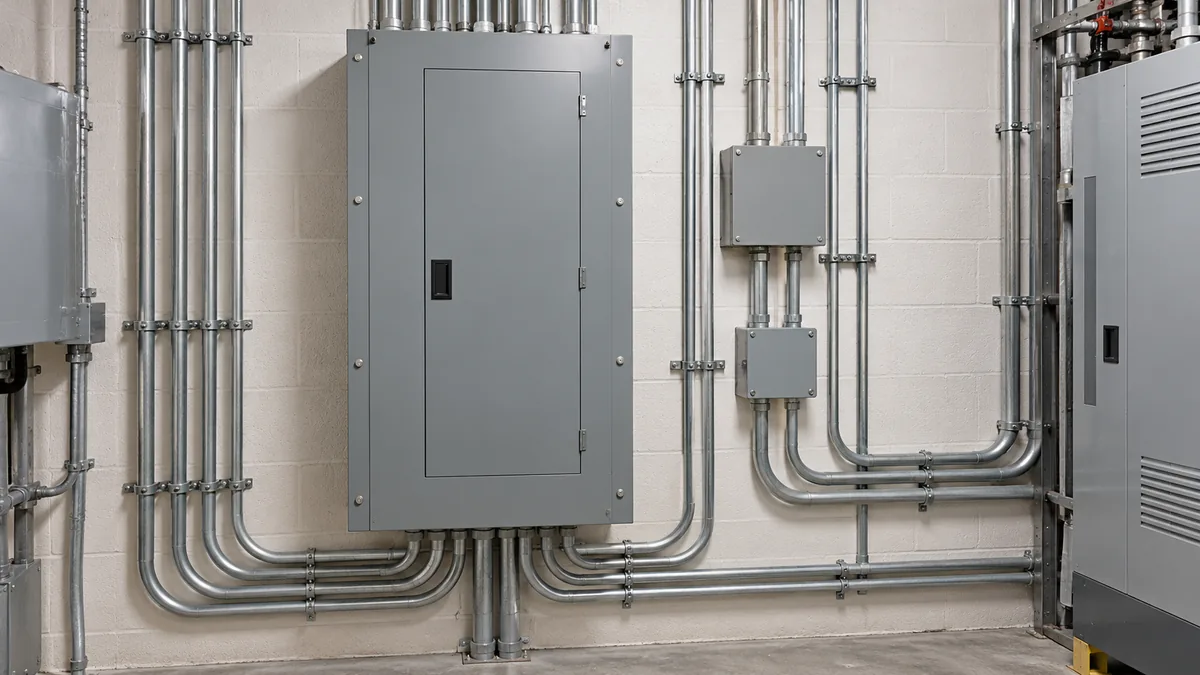 Commercial electrical panel with metal conduit in a building utility room