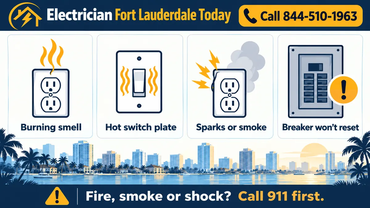 Four warning signs of an electrical emergency: burning smell, hot outlet, sparks and a breaker that will not reset