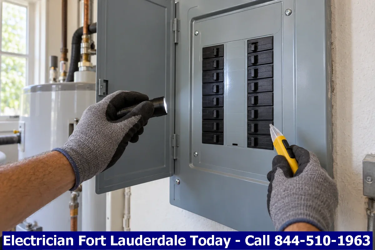 Flashlight and inspection tools beside an open electrical panel during a safety inspection