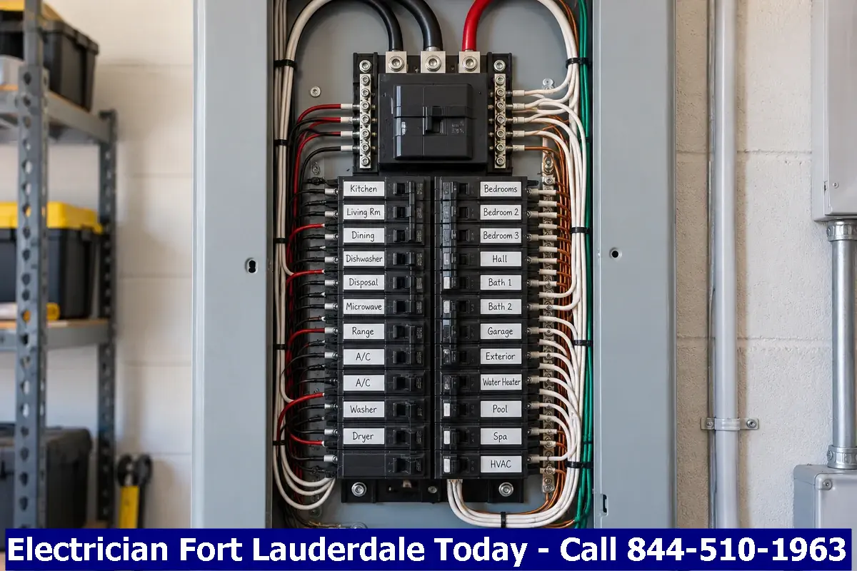 Open residential breaker panel with neatly labeled circuits in a Florida home
