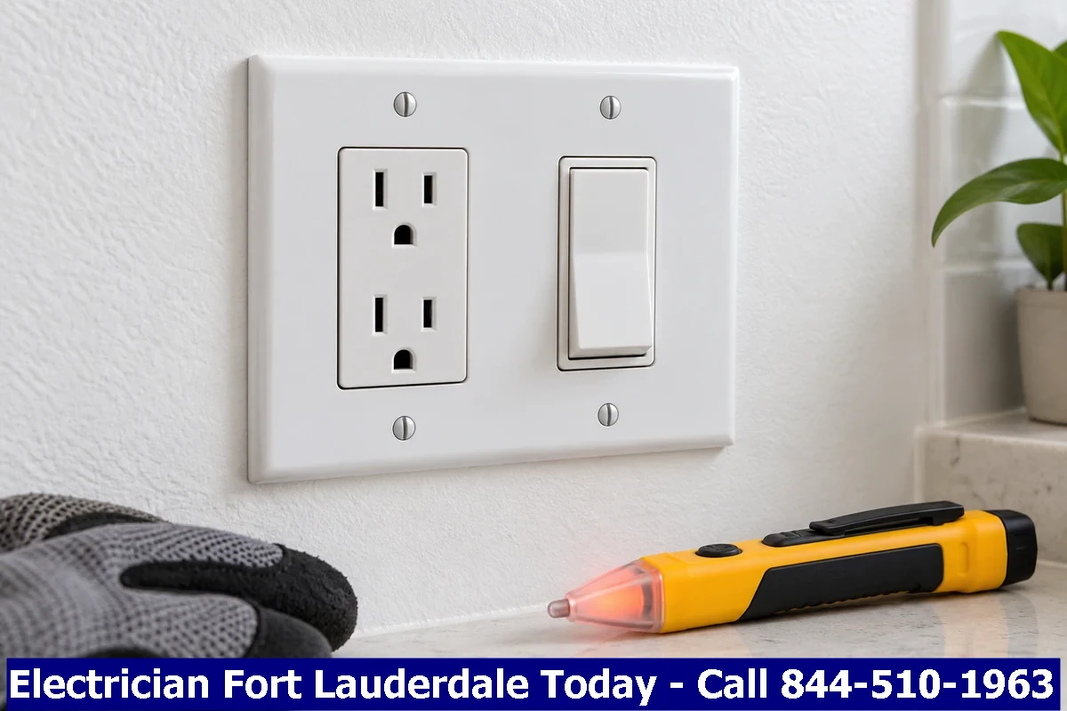Wall outlet and light switch plate on a painted wall in a Florida home