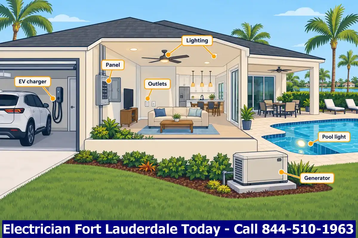 Illustration of a house cutaway showing the electrical panel, outlets, lighting, EV charger and pool
