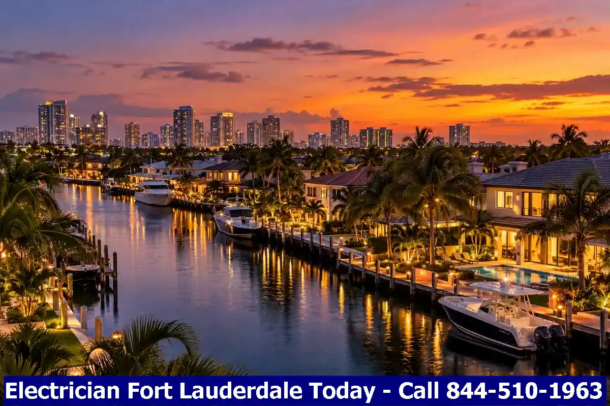 Fort Lauderdale residential canal neighborhood at dusk with lit homes and boats