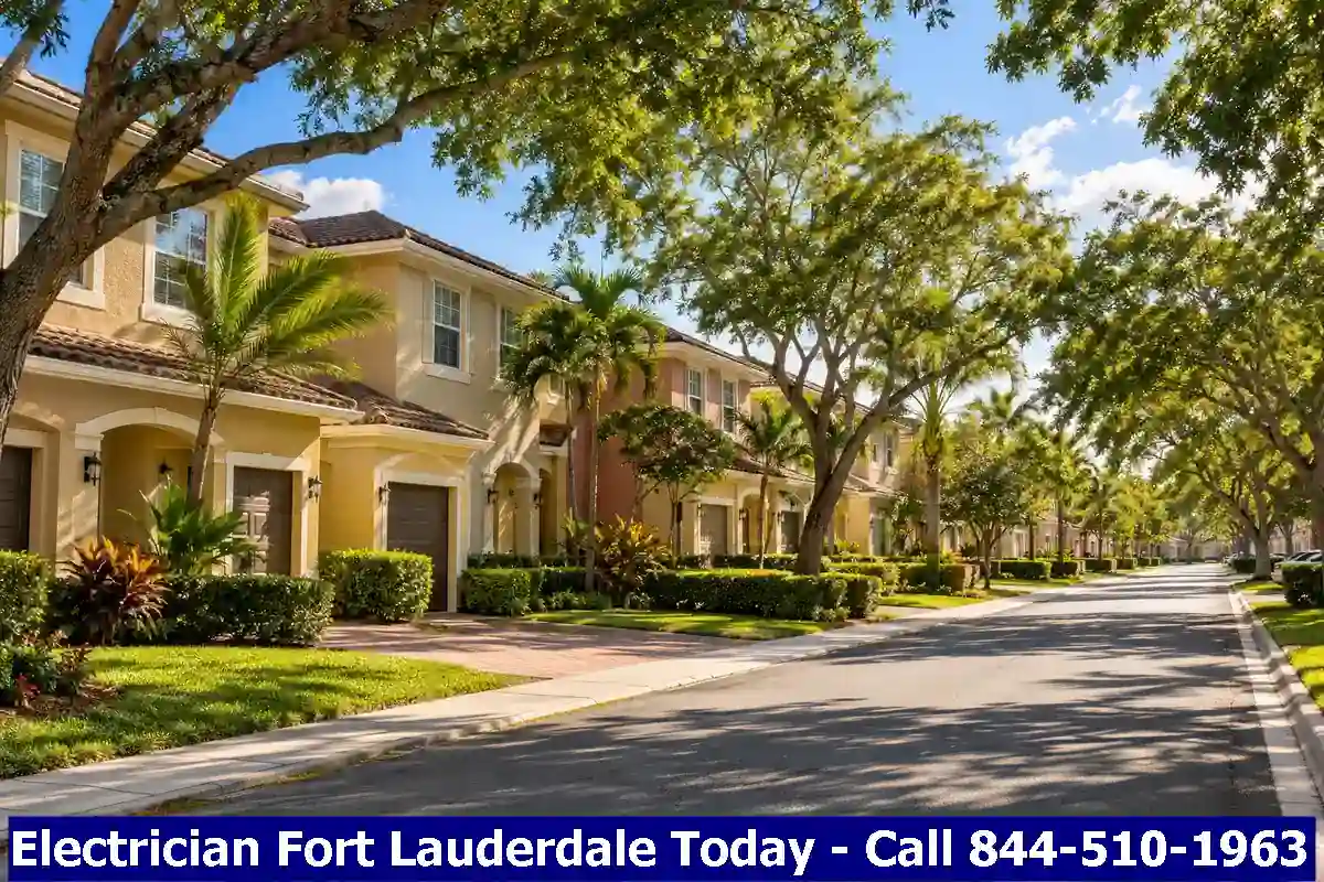 Residential street with townhomes and mature trees, Lauderdale Lakes, Florida