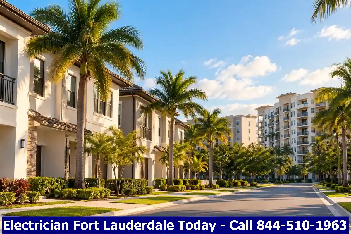 Mixed street of townhomes and apartment buildings with palm trees, Lauderhill, Florida
