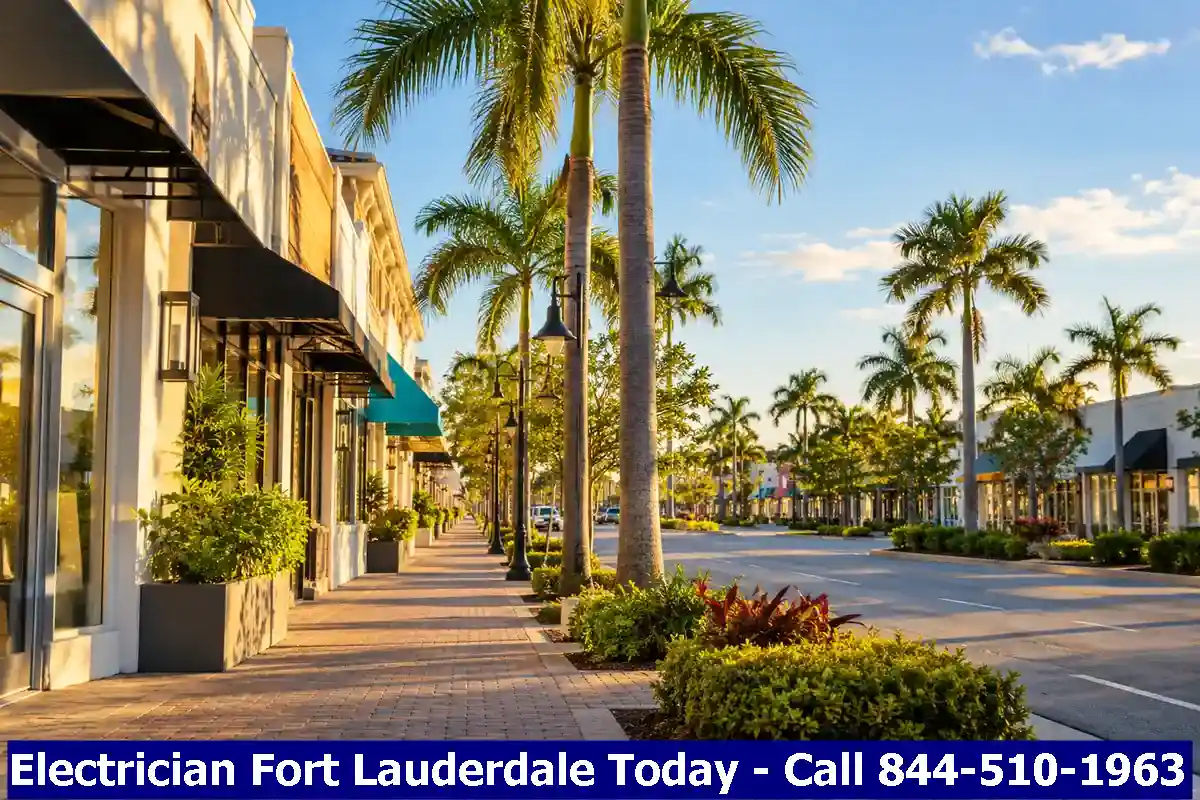 Commercial main street with small storefronts and palm trees, Oakland Park, Florida