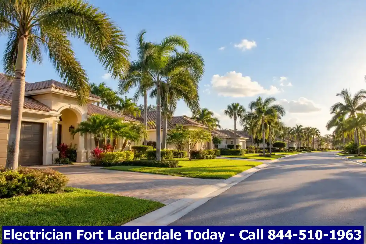 Suburban street with single-story stucco homes and palm trees, Pembroke Pines, Florida