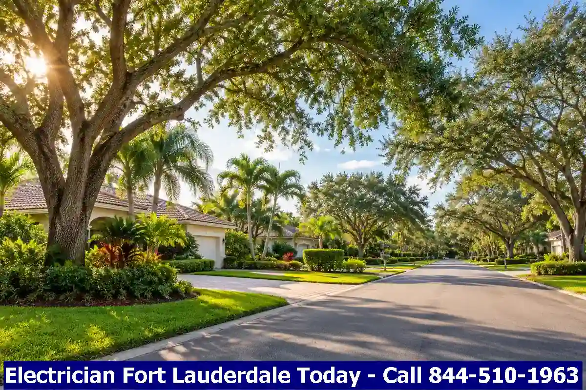 Tree-lined single-family street in a Plantation neighborhood such as Plantation Acres, Plantation, Florida