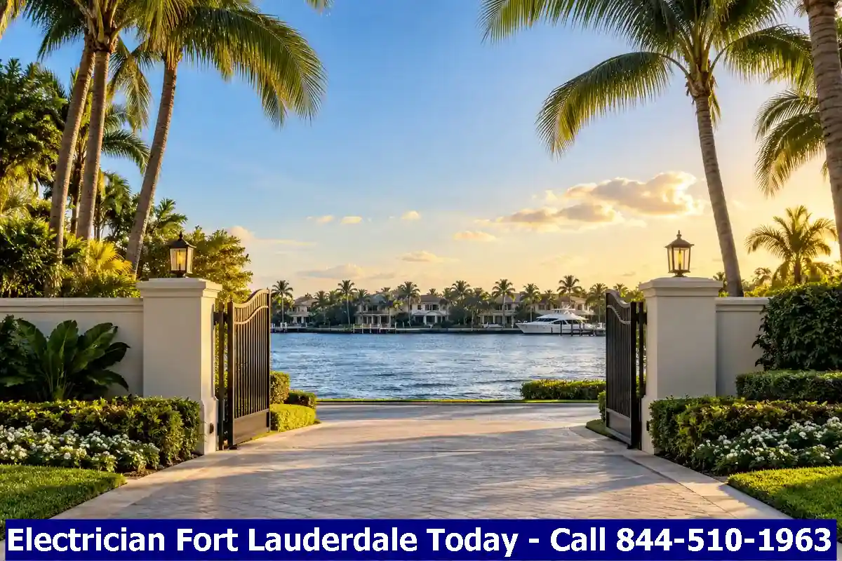 Gated waterfront community entrance with landscaped grounds and the Intracoastal Waterway beyond, Sea Ranch Lakes, Florida