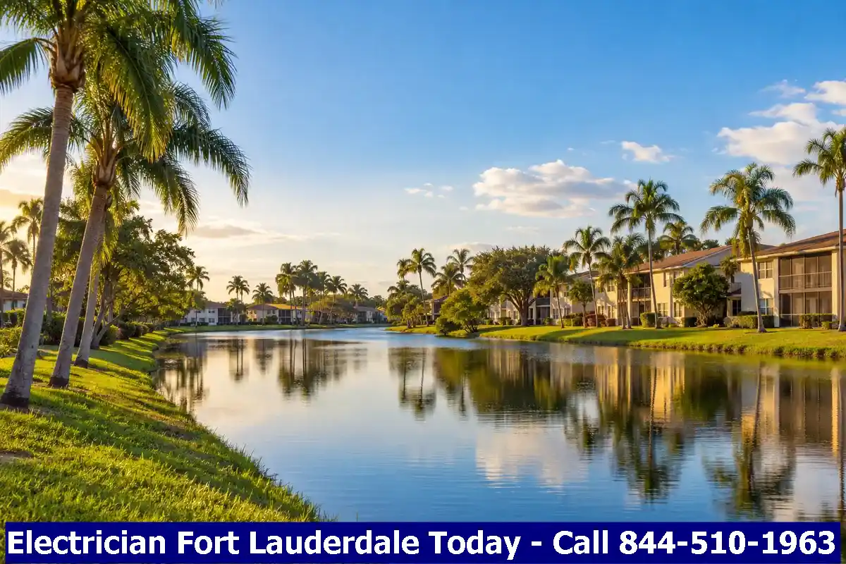 Residential canal or lake view with condos and palm trees, Tamarac, Florida