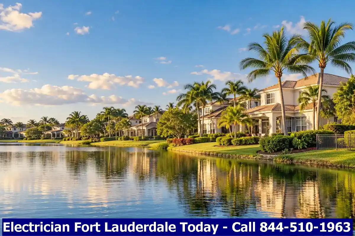 Lakefront suburban homes with landscaped yards, Weston, Florida