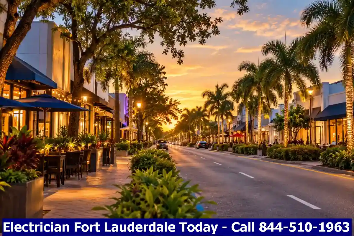 Wilton Drive main street lined with shops and cafes in the evening, Wilton Manors, Florida