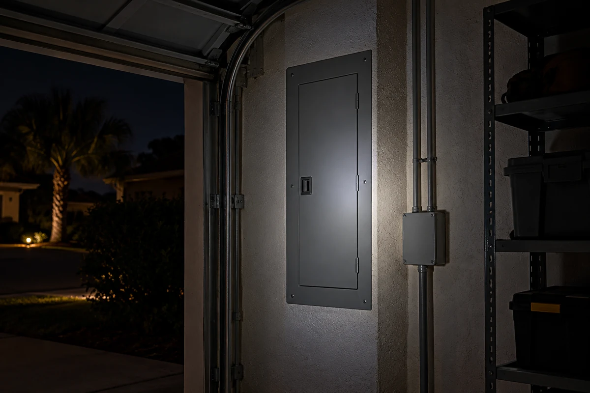 Flashlight beam on a closed electrical panel in a Florida garage at night