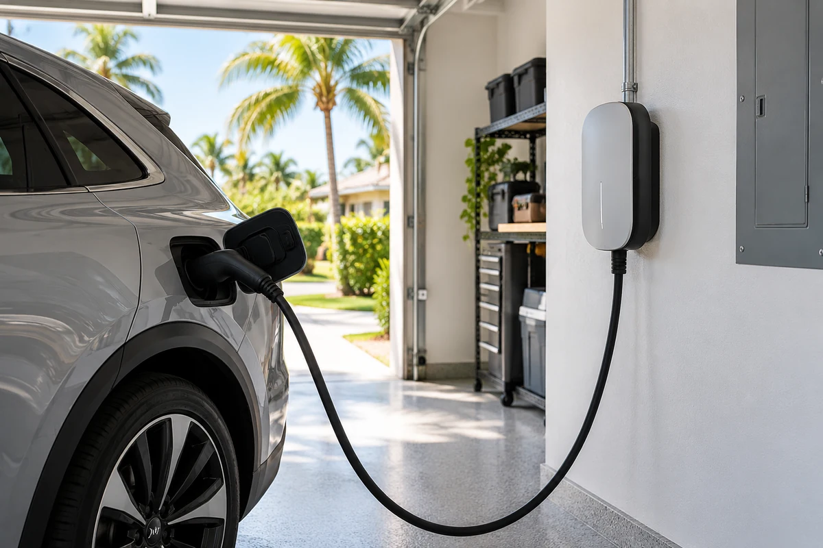 Wall-mounted Level 2 EV charger with the cable plugged into an electric car in a Florida garage