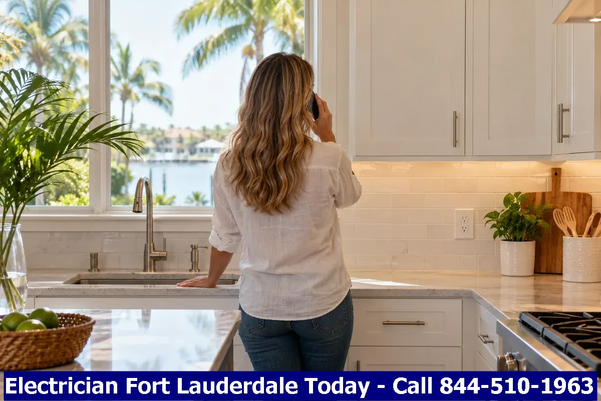 Homeowner on the phone at a kitchen counter while looking at an outlet