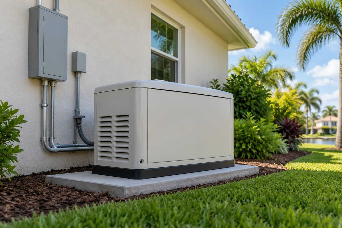 Standby generator on a concrete pad outside a Florida home