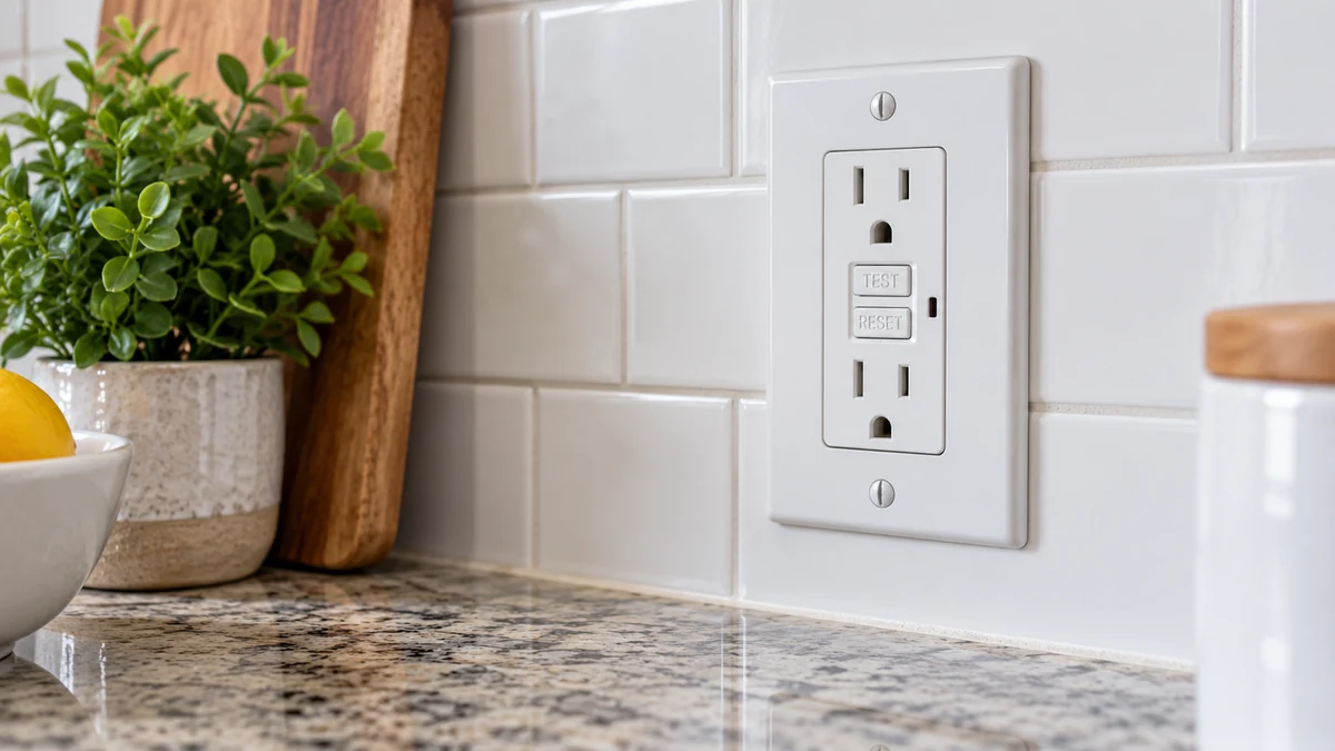 GFCI outlet with TEST and RESET buttons on a kitchen wall
