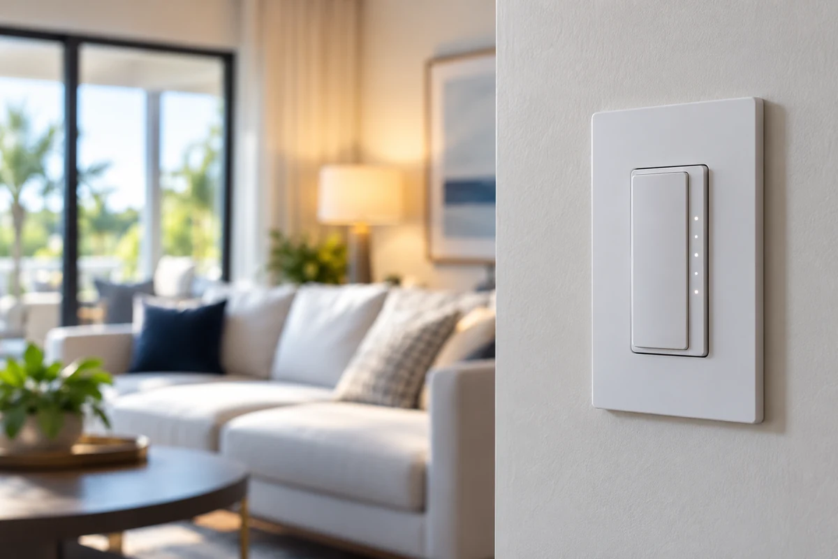 Wall-mounted smart dimmer switch in a modern living room