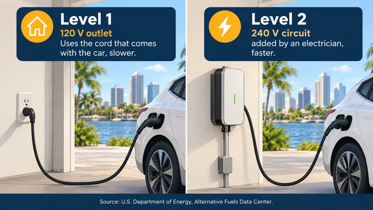 Diagram comparing Level 1 charging on a 120-volt outlet with Level 2 charging on a 240-volt circuit
