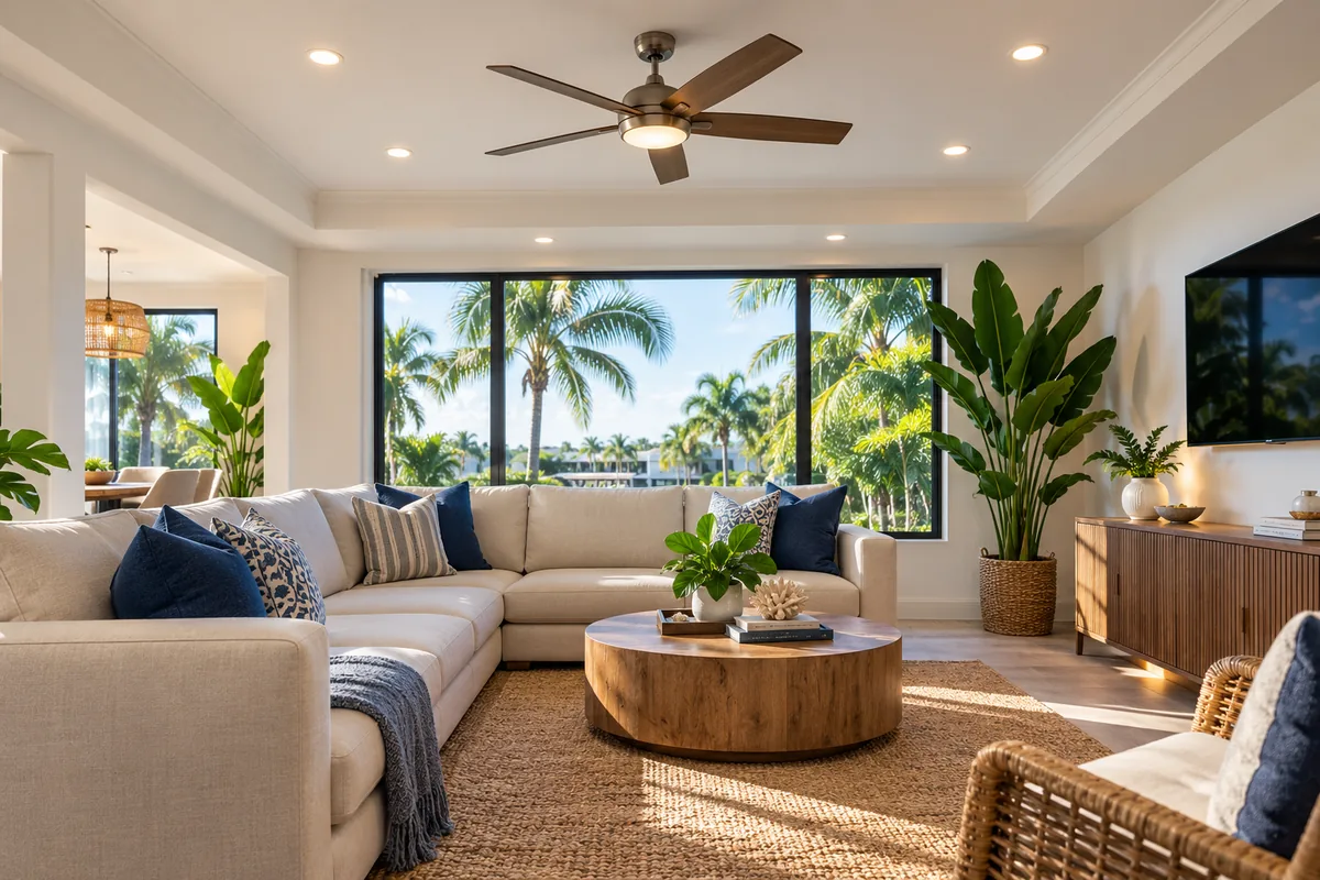Living room in a Florida home with a ceiling fan and warm recessed LED lighting