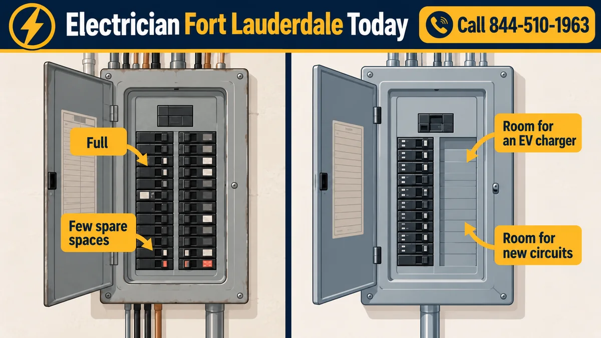 Illustration comparing a crowded older electrical panel with a modern panel that has spare circuit spaces