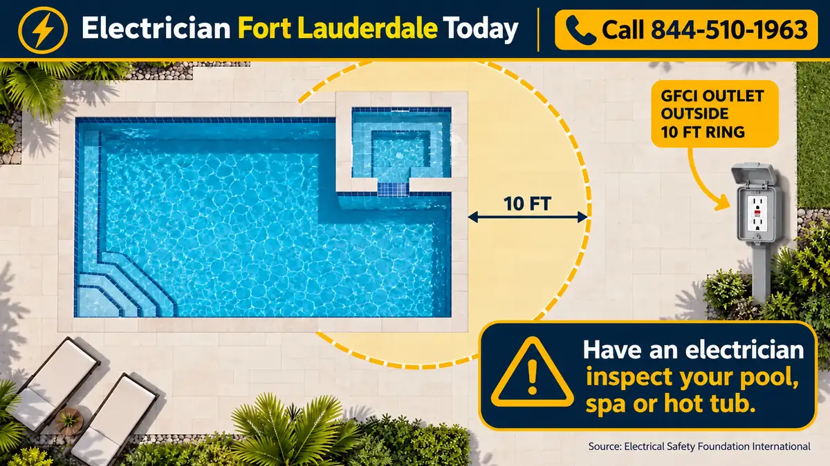 Diagram of pool electrical safety showing cords kept 10 feet from the water and a GFCI-protected outlet