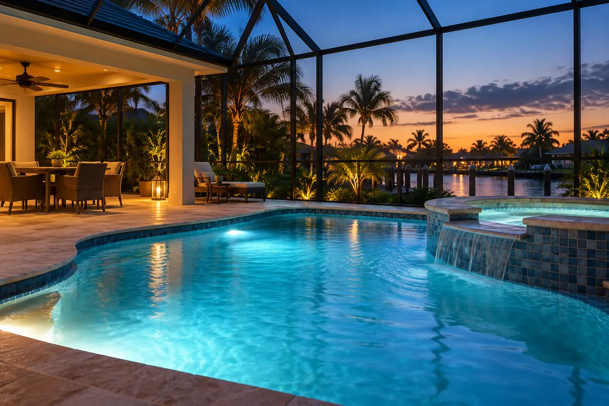 Screened backyard pool at dusk with the underwater light on in a Florida home