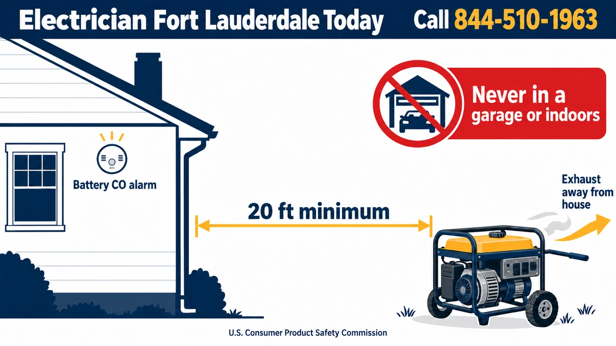 Diagram showing a portable generator placed outdoors 20 feet from a house with exhaust pointing away and a CO alarm inside