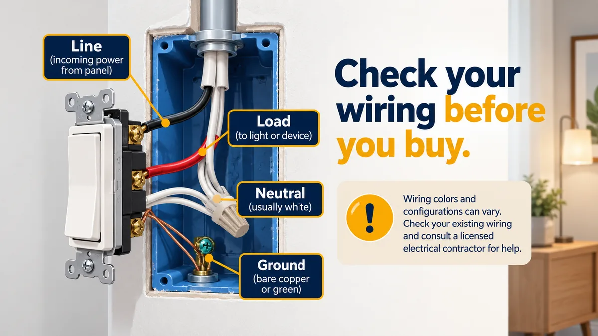 Diagram of a switch box showing line, load and neutral wires for a smart switch