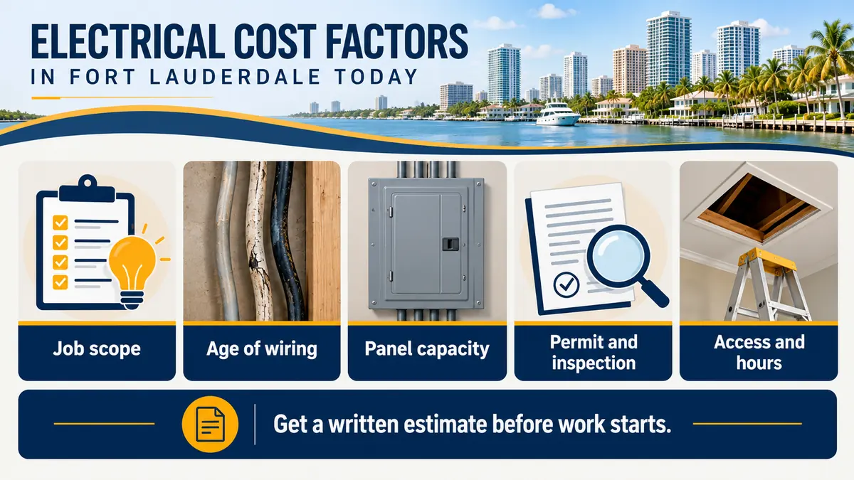 Infographic listing what affects electrician prices: job scope, age of wiring, panel capacity, permits and access