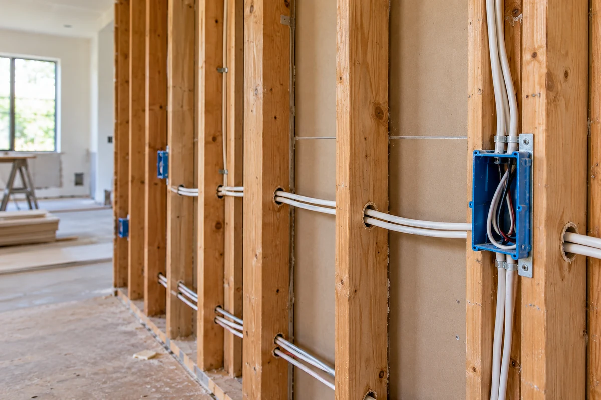 Open wall framing with new copper wiring run through wall studs during a renovation