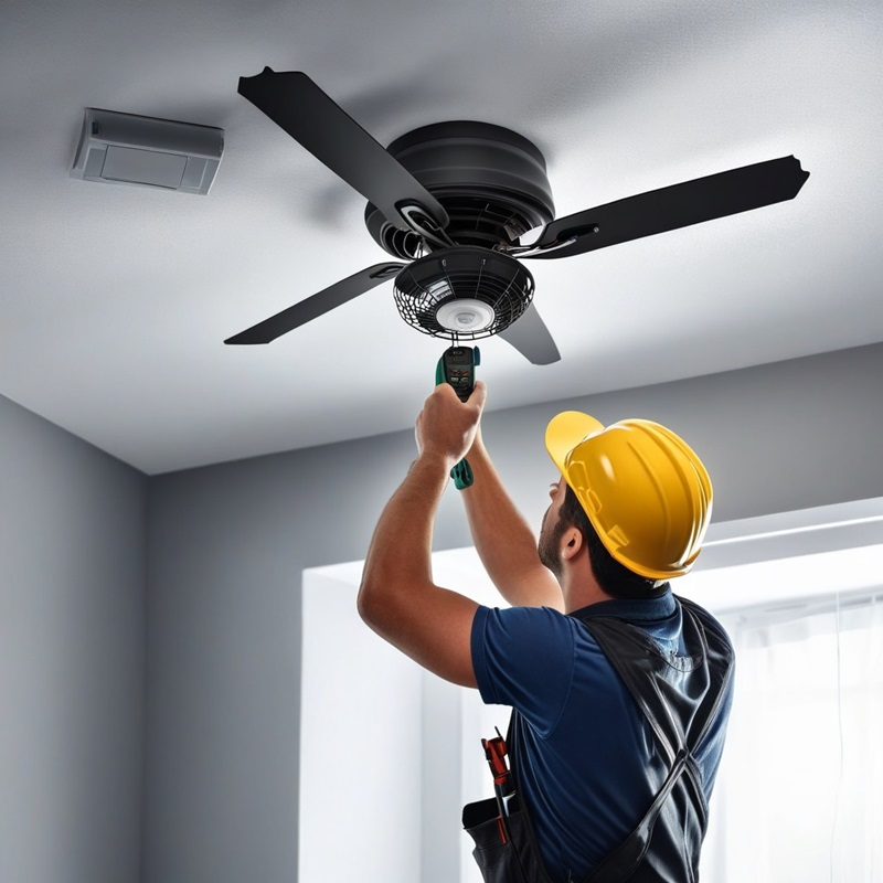 an electrician performing a ceiling fan installation