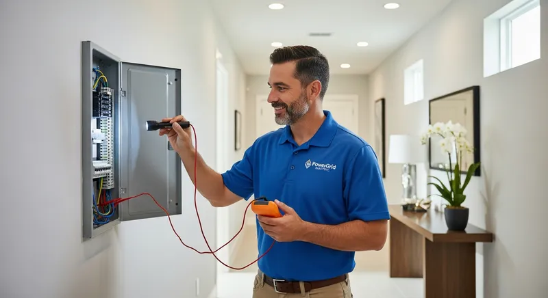 electrician undertaking an electrical maintenance inspection on a residential electrical panel