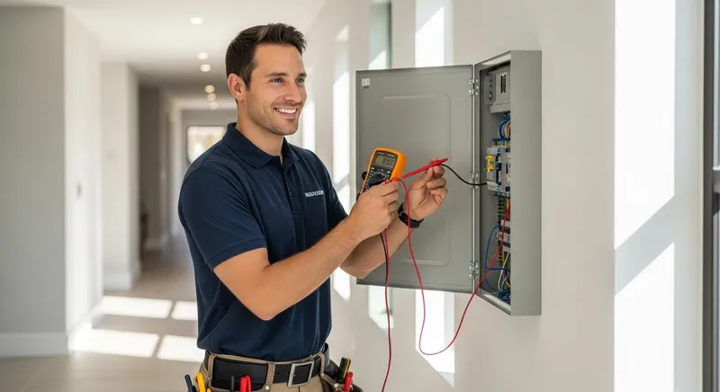 electrician undertaking an electrical maintenance on a residential electrical panel