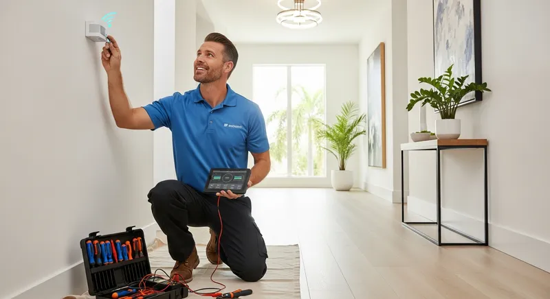 electrician undertaking an electrical service to diagnose a smart home fault in a modern home