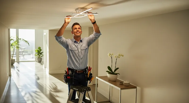 electrician undertaking an electrical service to diagnose a faulty light fitting