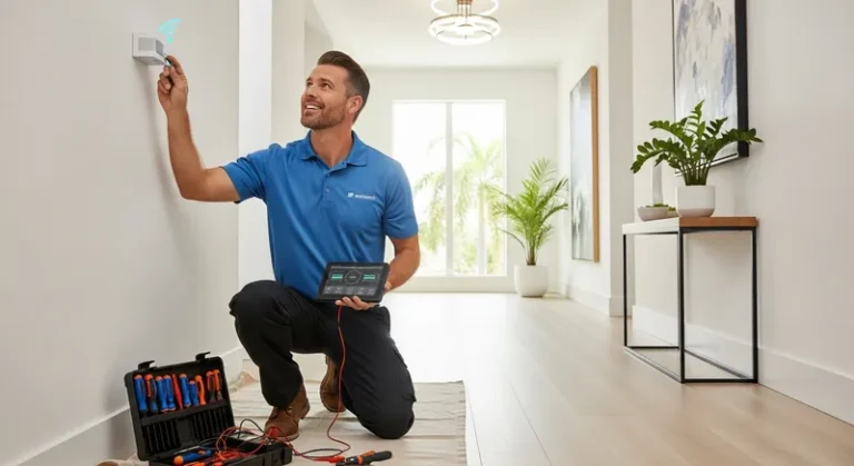 electrician undertaking an electrical service to diagnose a smart home fault in a modern home