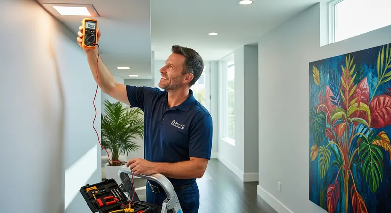 electrician undertaking an electrical service to diagnose a smart lighting fault in a modern home