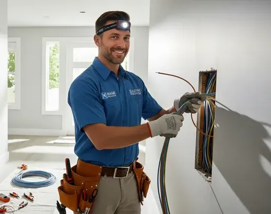 electrician undertaking an electrical service to replace old and faulty electrical wiring